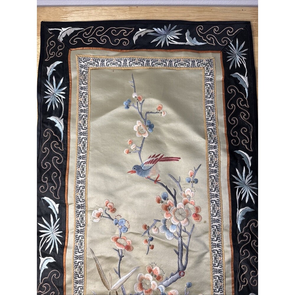 Vintage Asian Silk Hand Embroidered Tapestry Floral Bird Design 13”x26” - Picture 2 of 16
